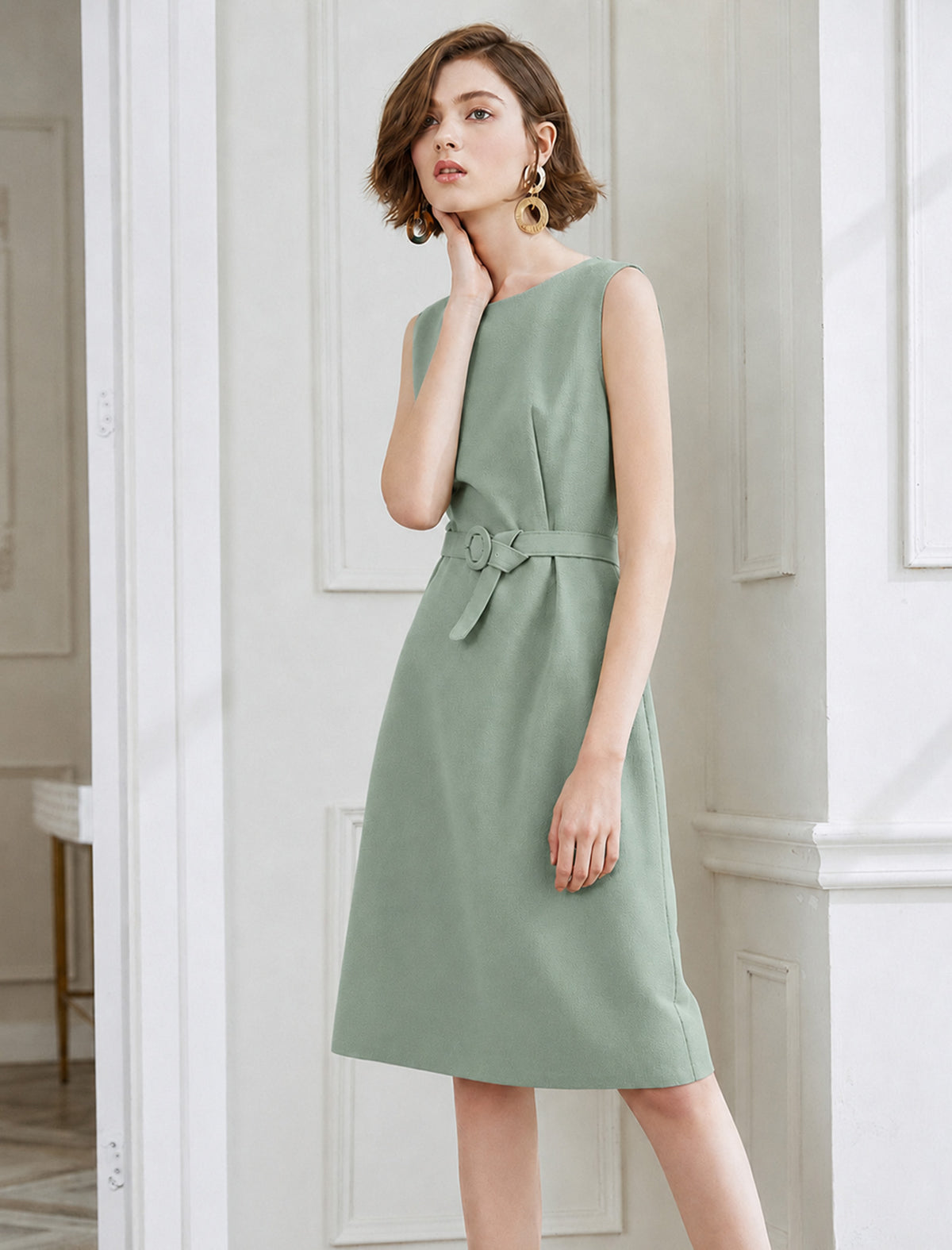 Sage Green Belted Sleeveless Midi Sheath Dress