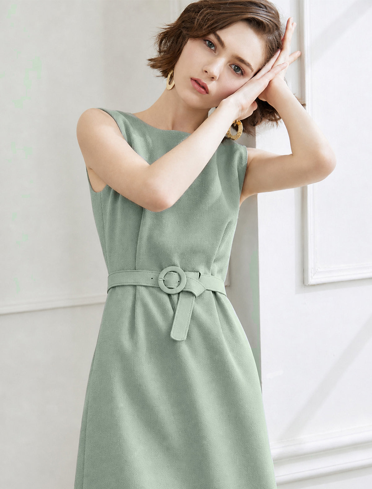 Sage Green Belted Sleeveless Midi Sheath Dress