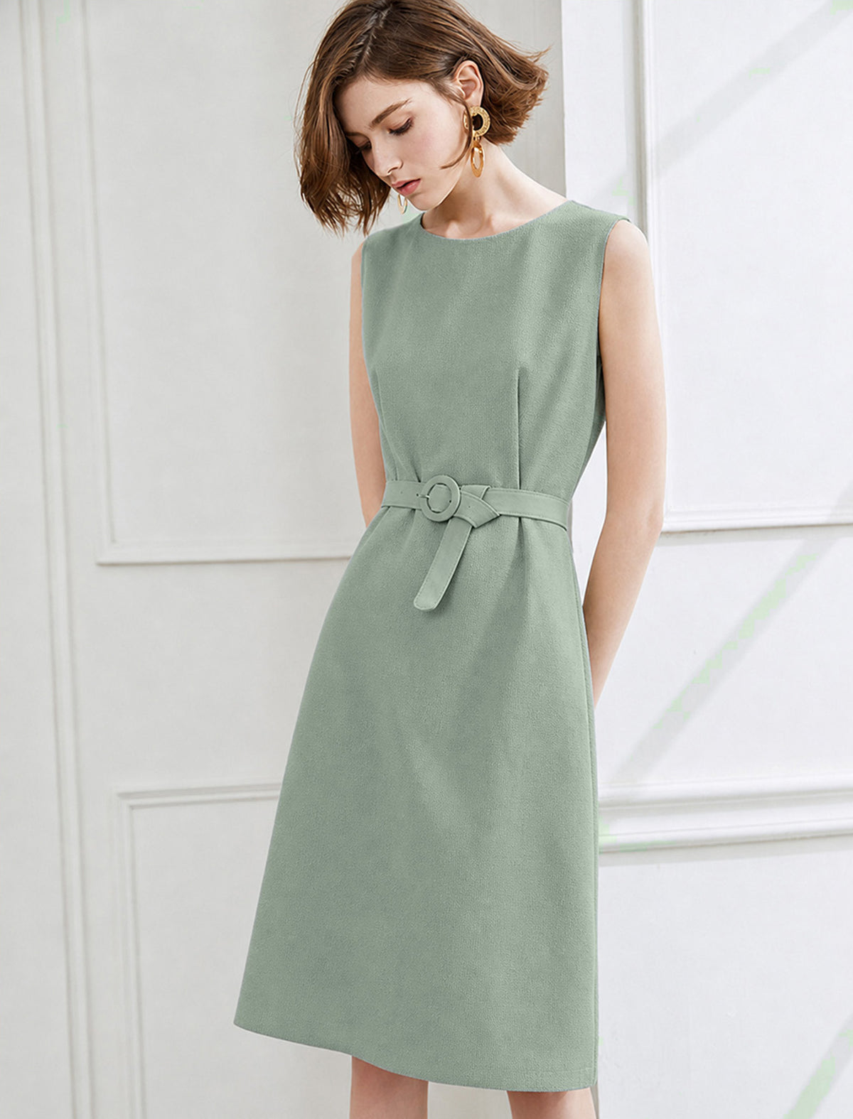 Sage Green Belted Sleeveless Midi Sheath Dress