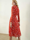 Bright Red Leaf-Print Midi Dress
