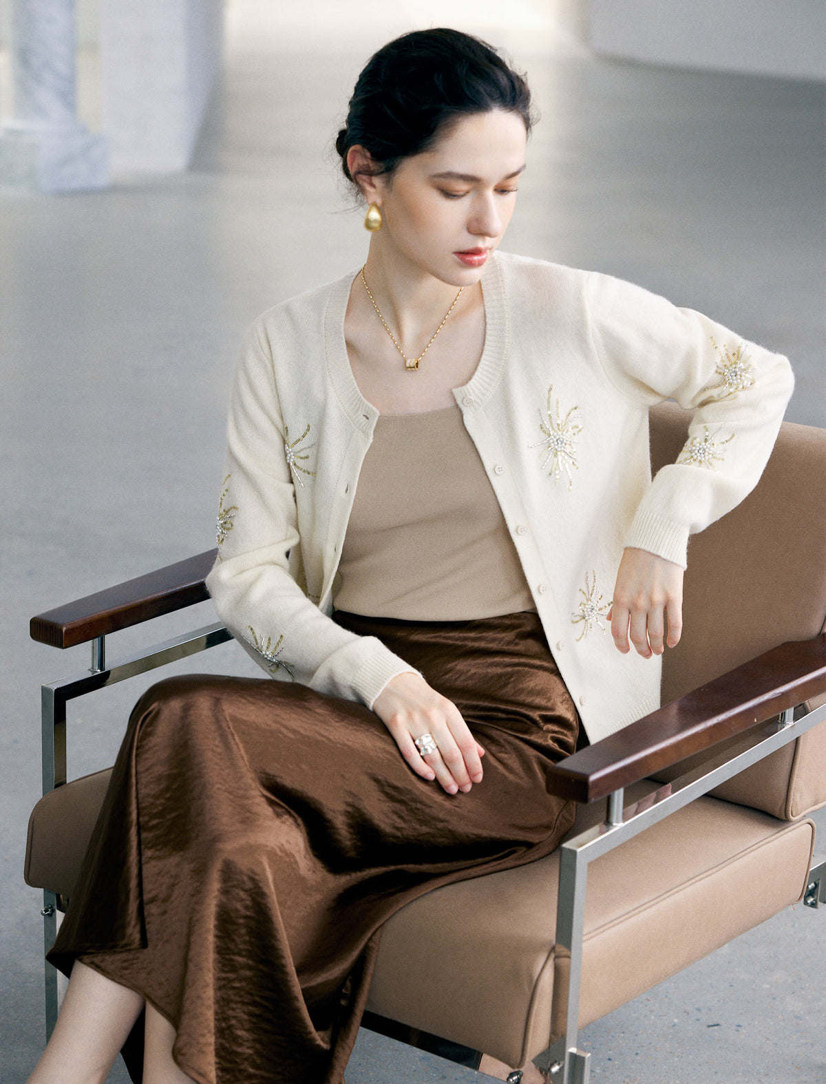 Wool Blend Beaded Firework Embroidery Long Sleeve Cardigan