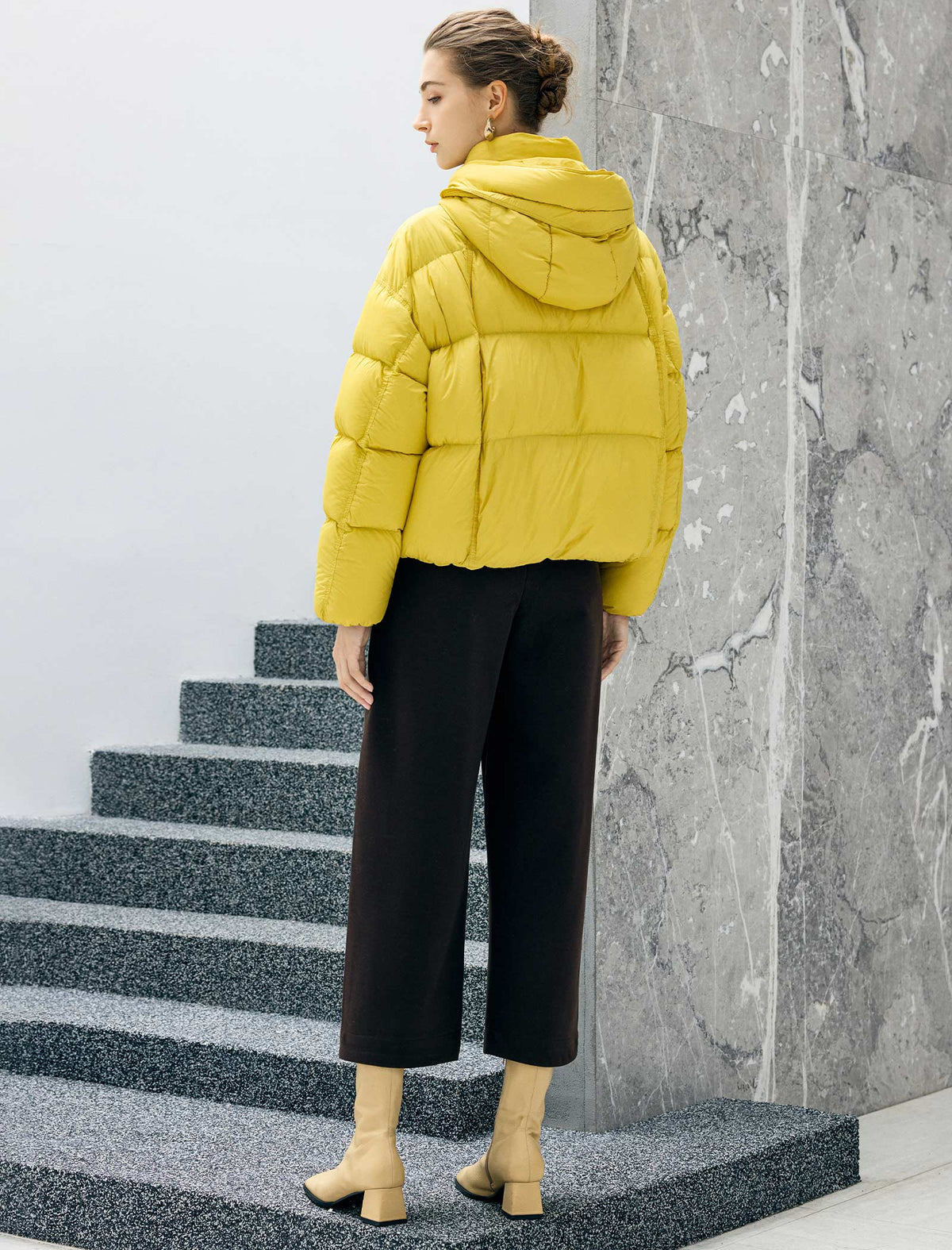 Hooded Drawstring Snap-Front Pocket Cropped Puffer Jacket