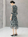 Abstract Print Belted Long Sleeve Midi Dress