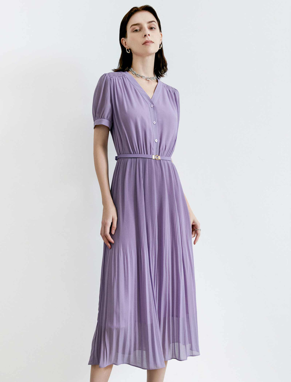 V-Neck Chiffon Pleated Midi Dress