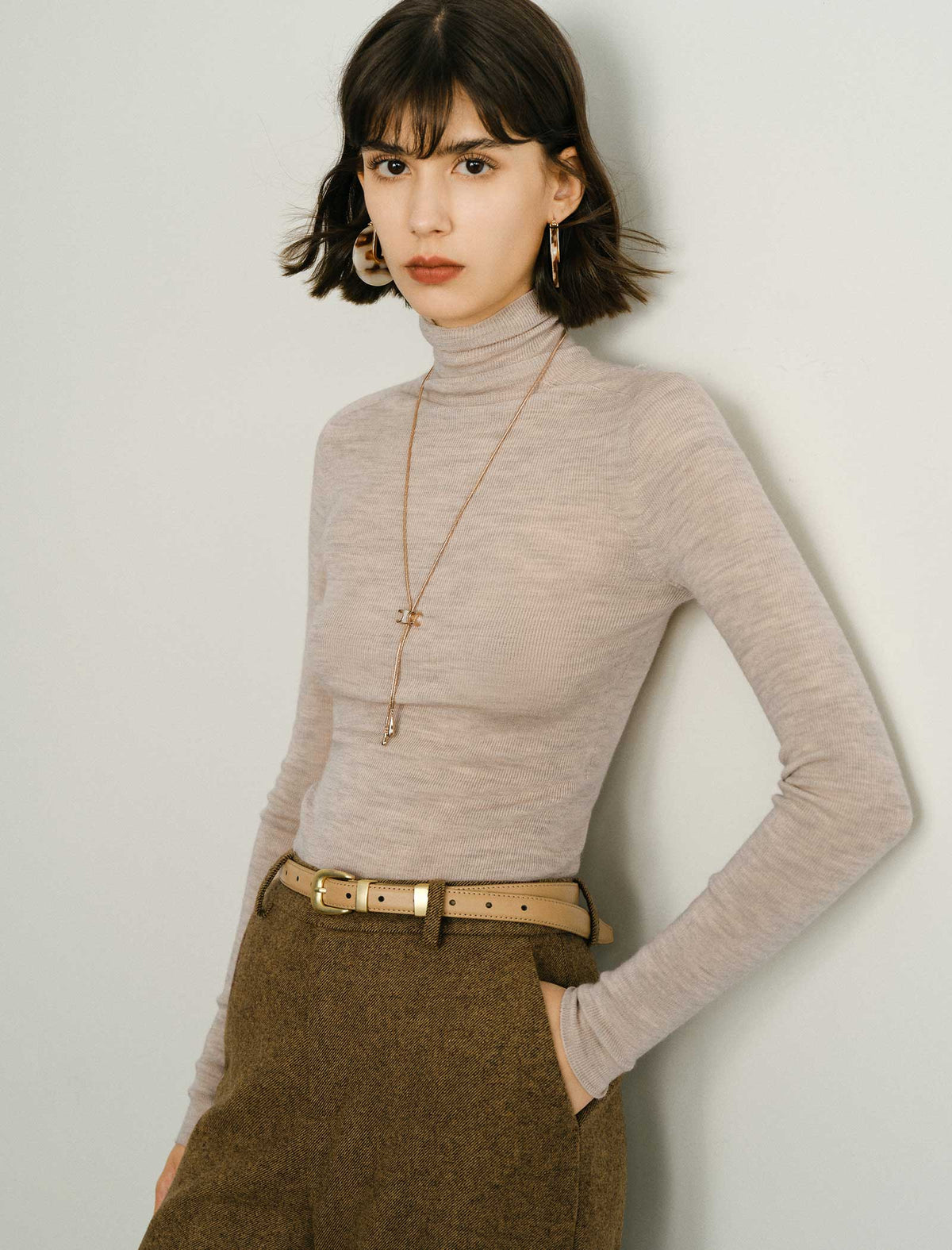 100% Wool Turtleneck Slim-Fit Knit Top