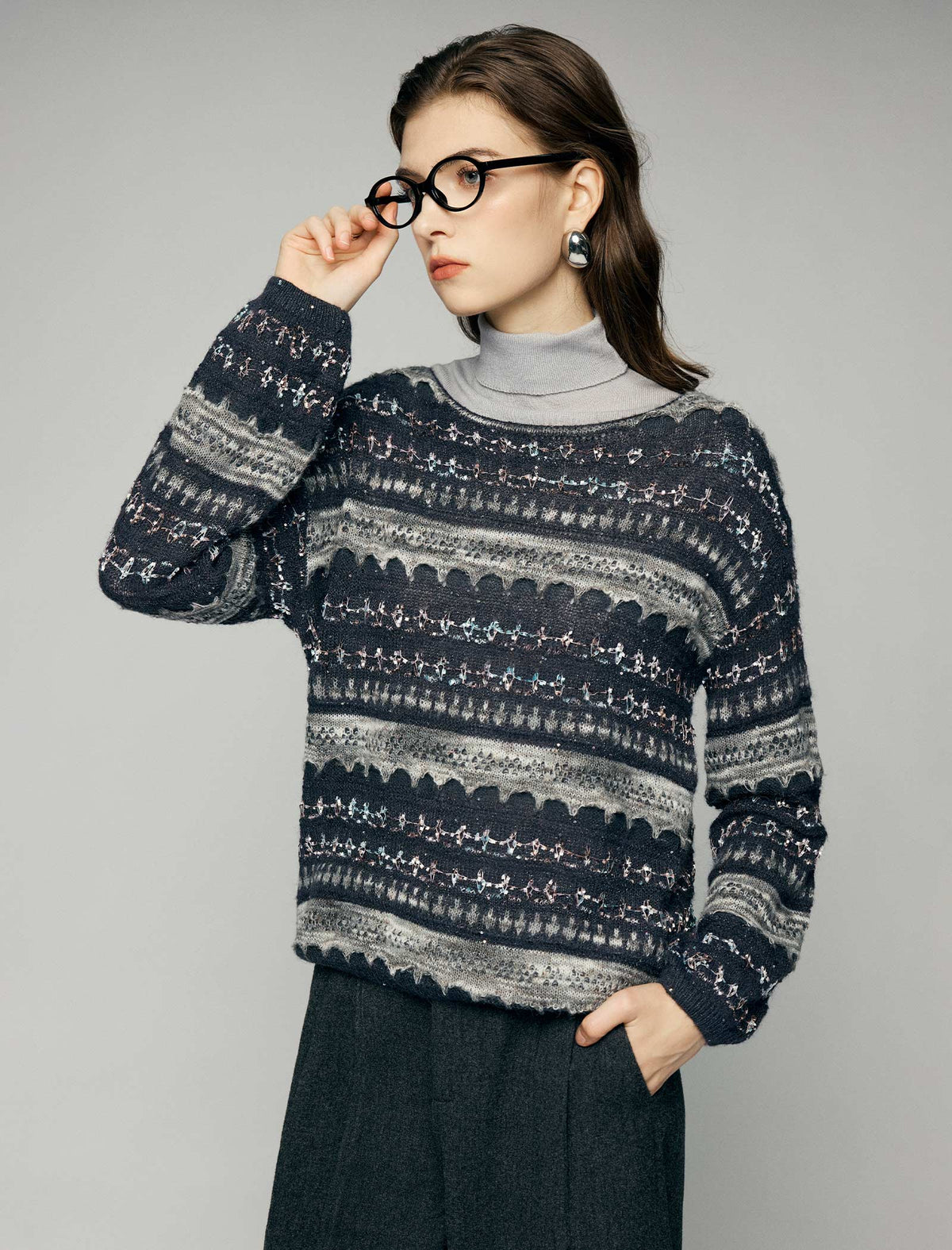 Wool Blend Shimmer Openwork Wave-Trim Crewneck Sweater