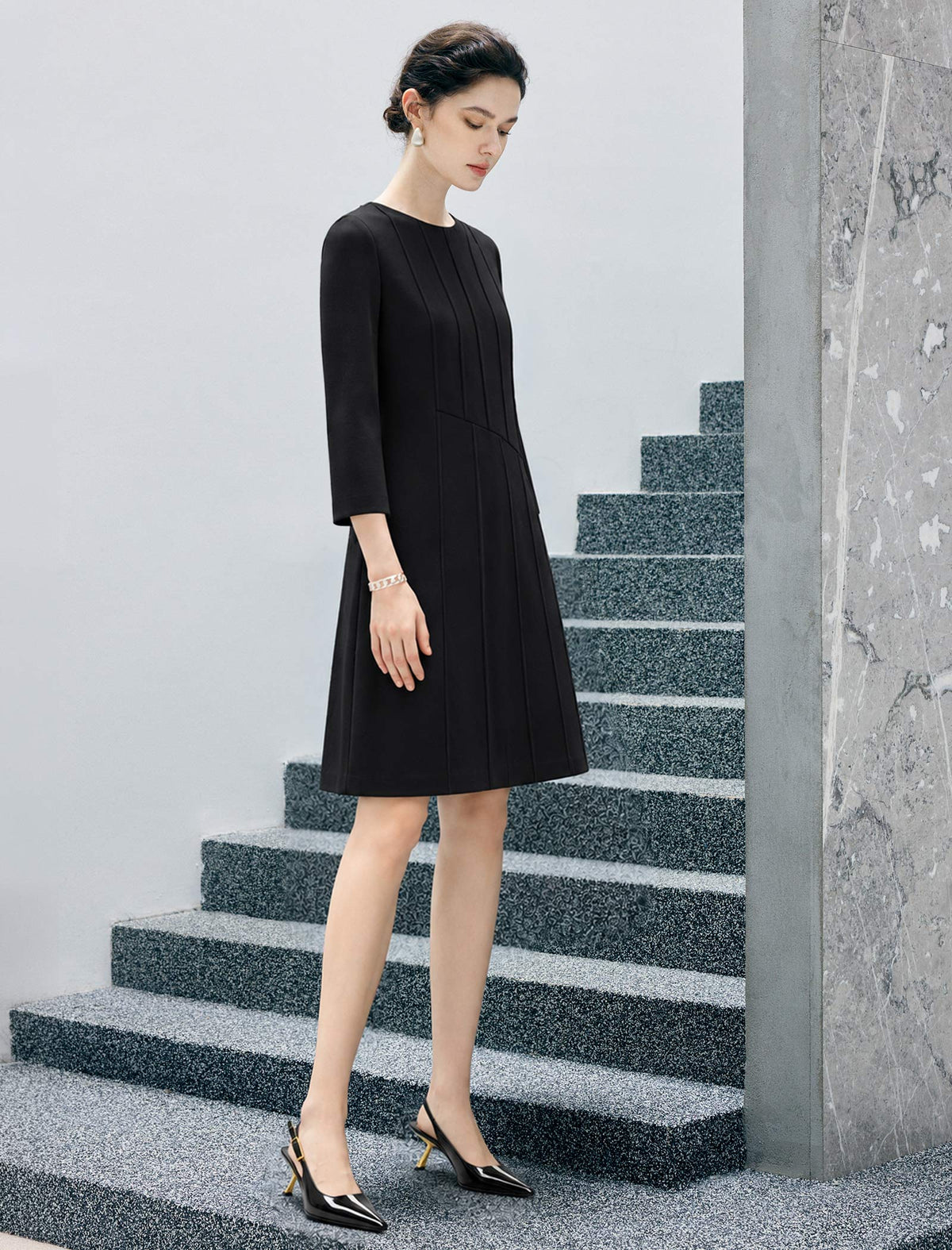 Wool Blend Quilted Button-Front Straight-Fit Dress