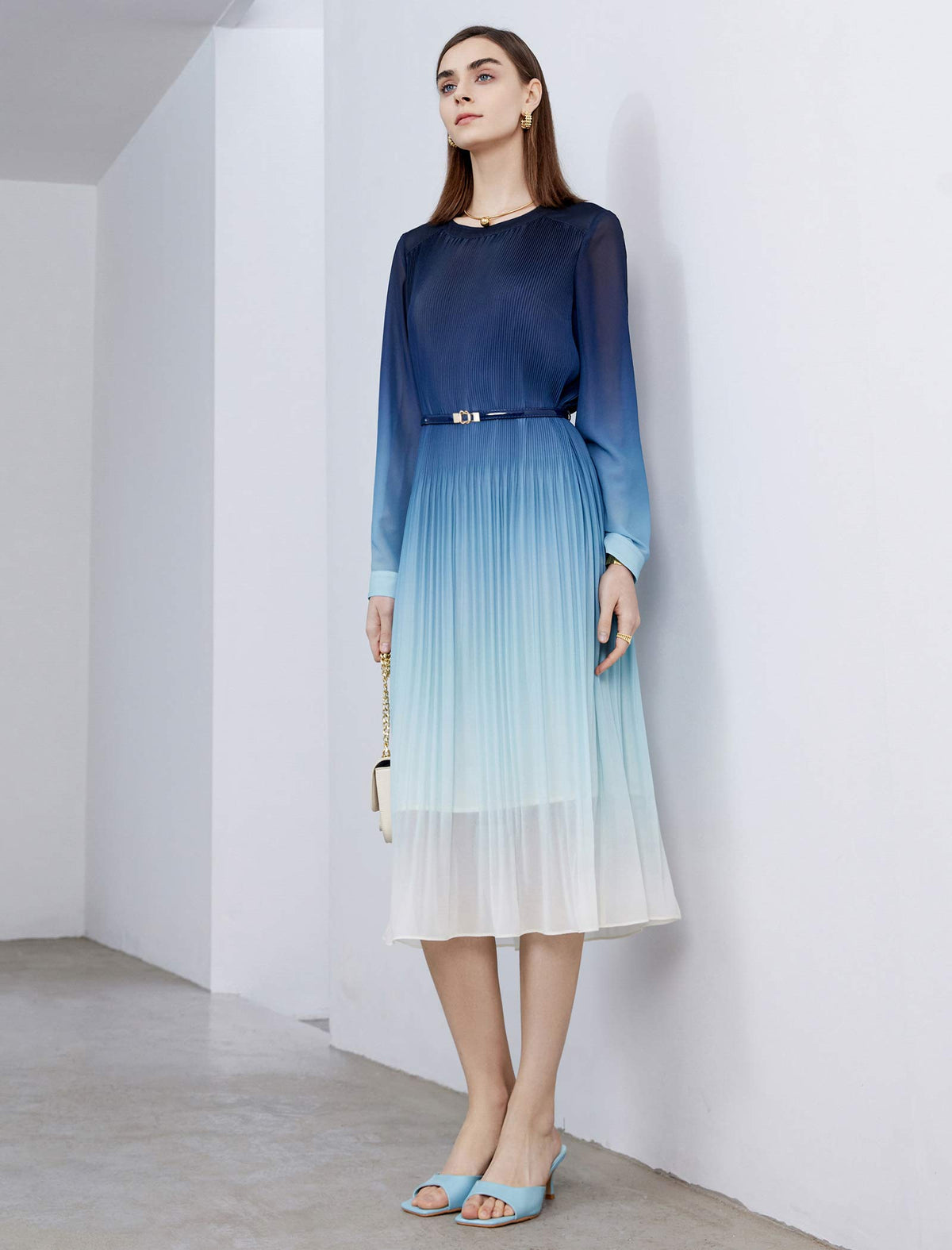 Blue Ombre Pleated Midi Dress