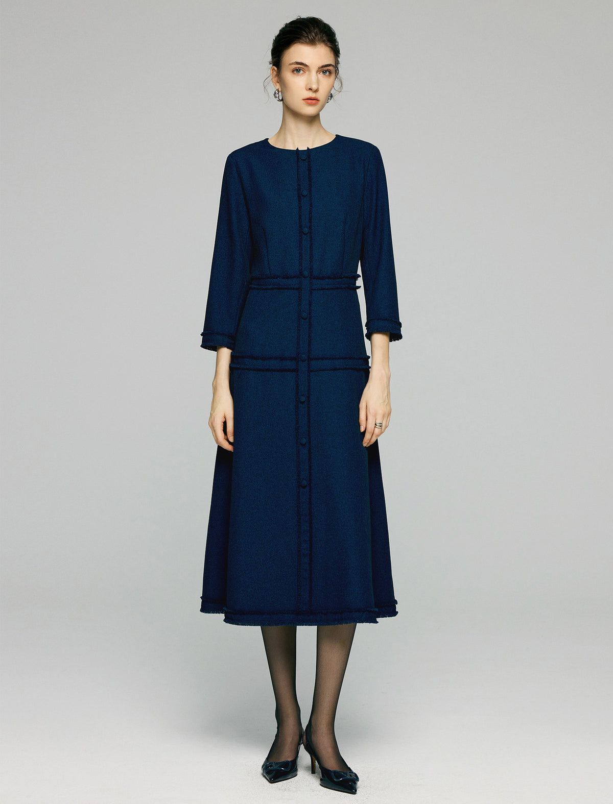 Sculpted Navy Texture Fringe Trim Midi Dress