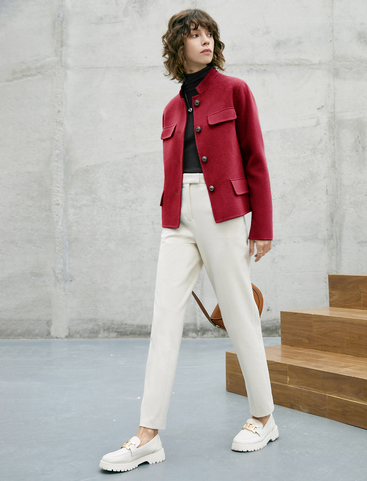 Wool Blend Button-Front Cropped Jacket