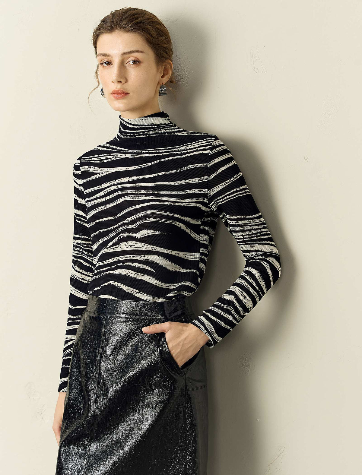 Zebra Print Mock-Neck Long-Sleeve Knit Top