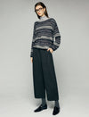 Wool Blend Shimmer Openwork Wave-Trim Crewneck Sweater