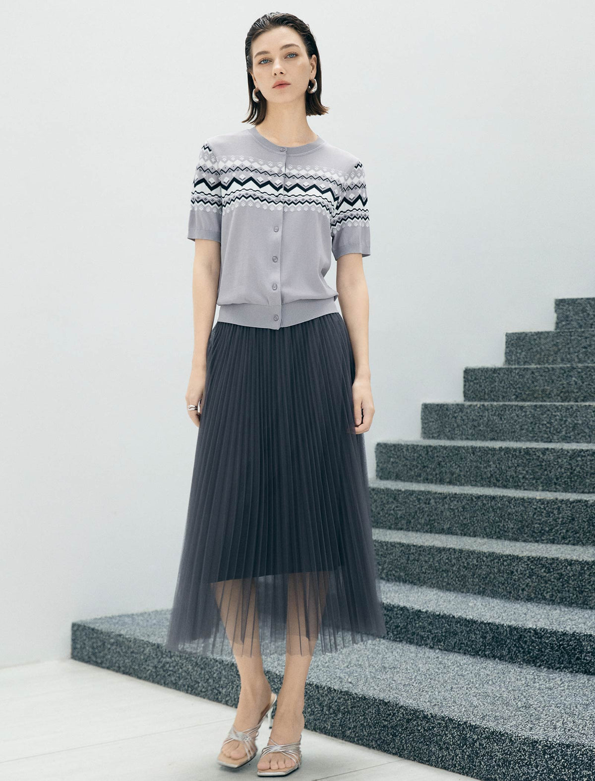 Soft Green Pleated Tulle Midi Skirt