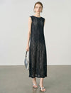Wave Lace Boat Neck Belted Pleated Midi Dress