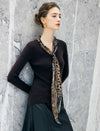 Wool Blend Ribbed V-Neck Top with Detachable Leopard Scarf