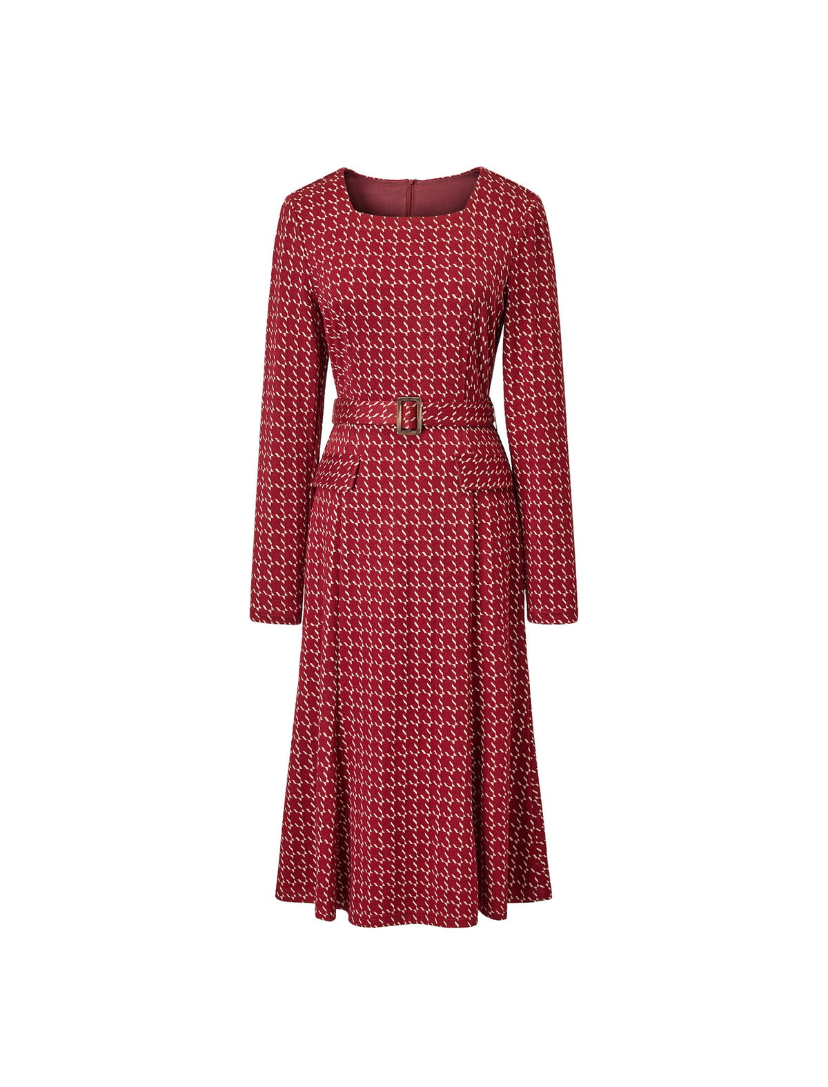 Square Neck Belted Plaid Midi Dress