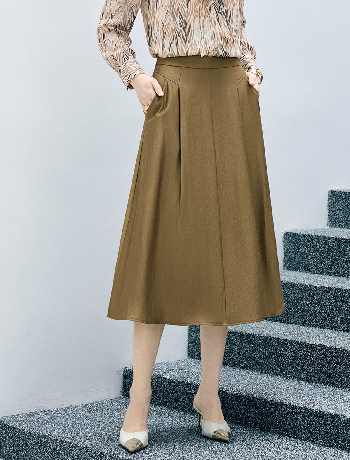 Pleated High Waist A-Line Midi Skirt