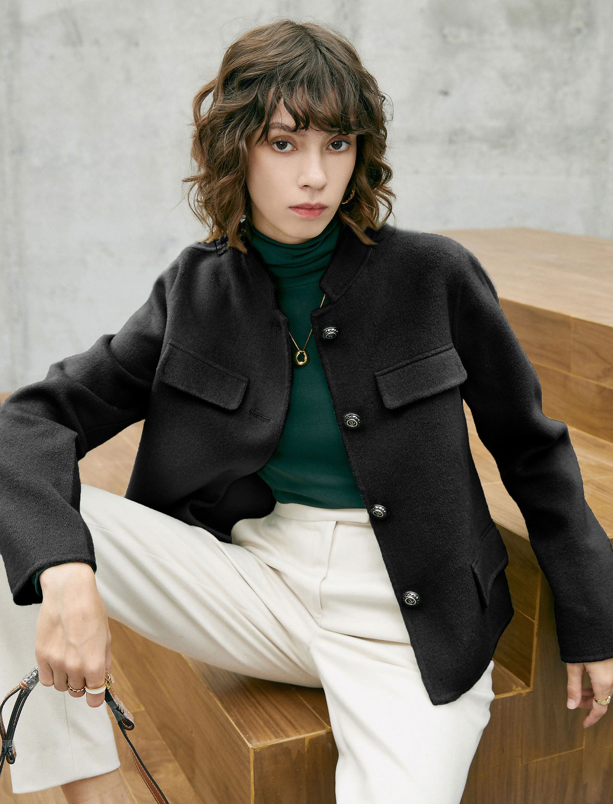Wool Blend Button-Front Cropped Jacket