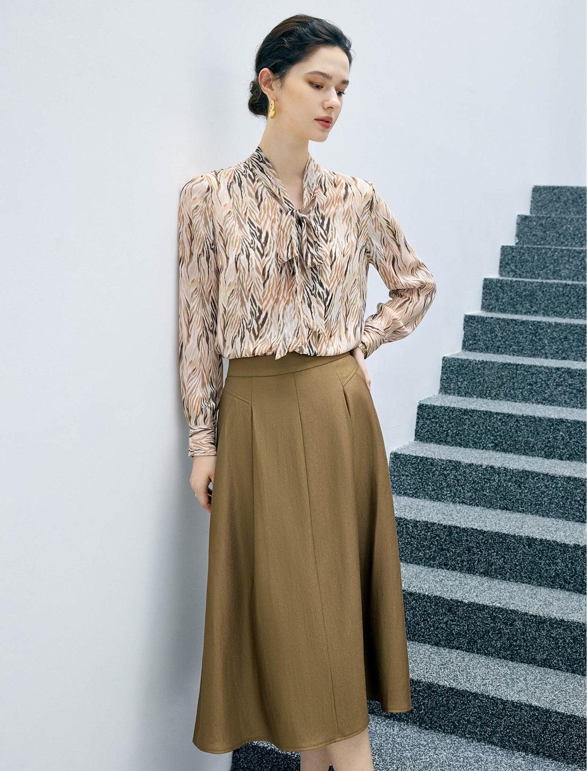 Pleated High Waist A-Line Midi Skirt