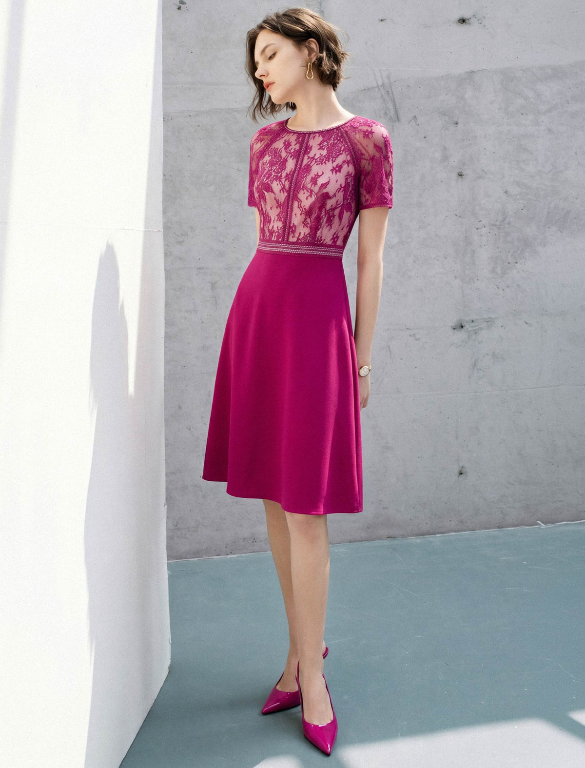 Lace Panel Waist-Cinched Fitted Dress