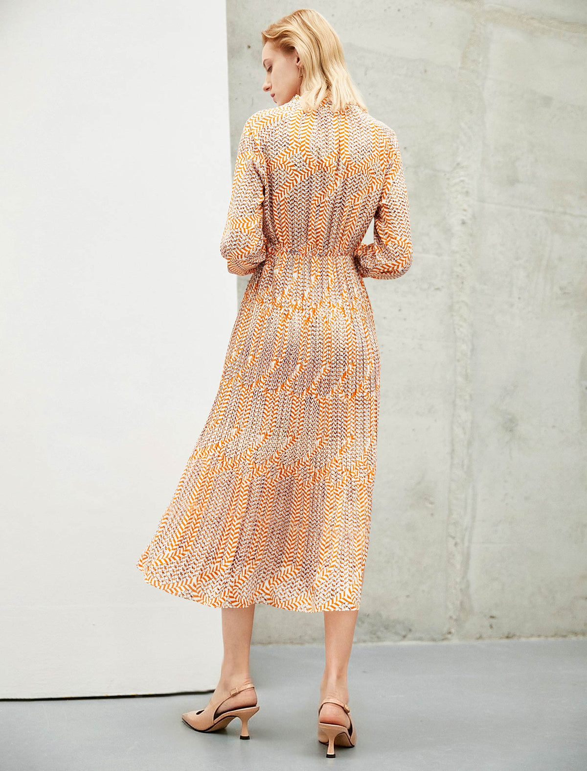 Warm Orange Architectural Light And Shadow Printed Dress