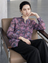 Printed Stand Collar Pleated Chiffon Blouse