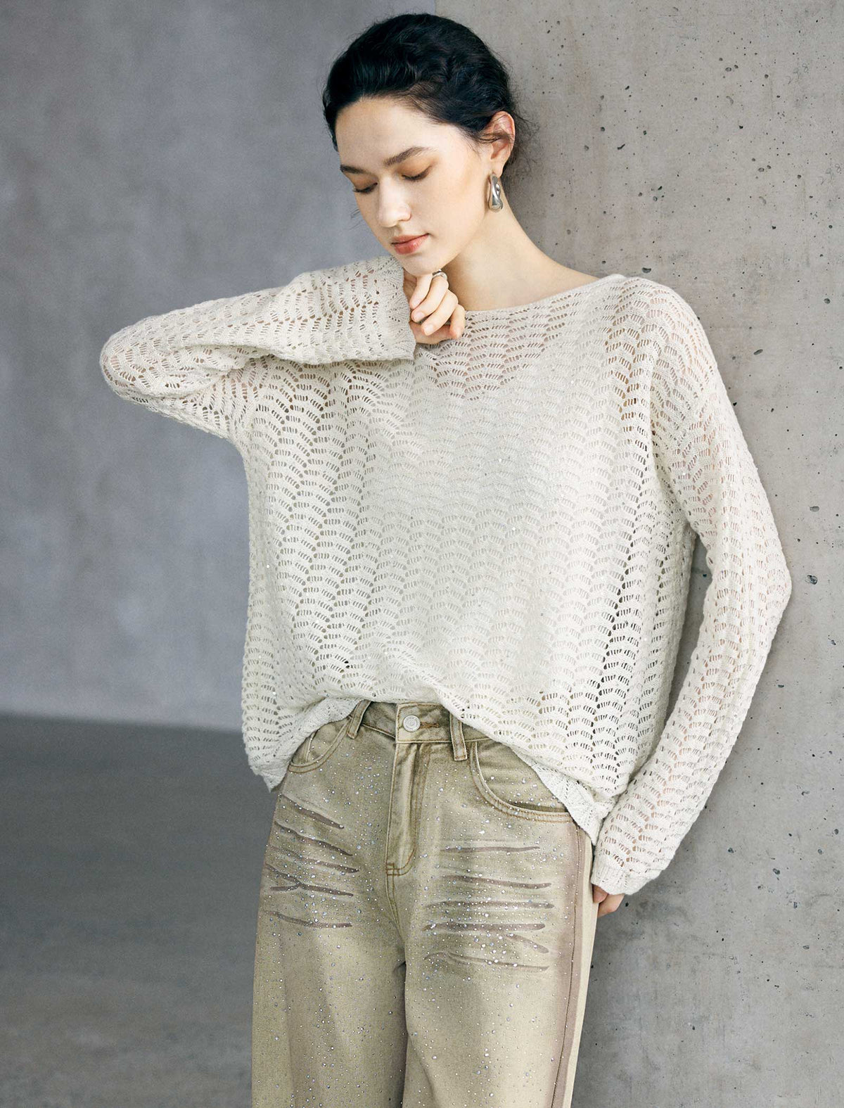 Thin Mesh Sparkly Long Sleeve Pullover
