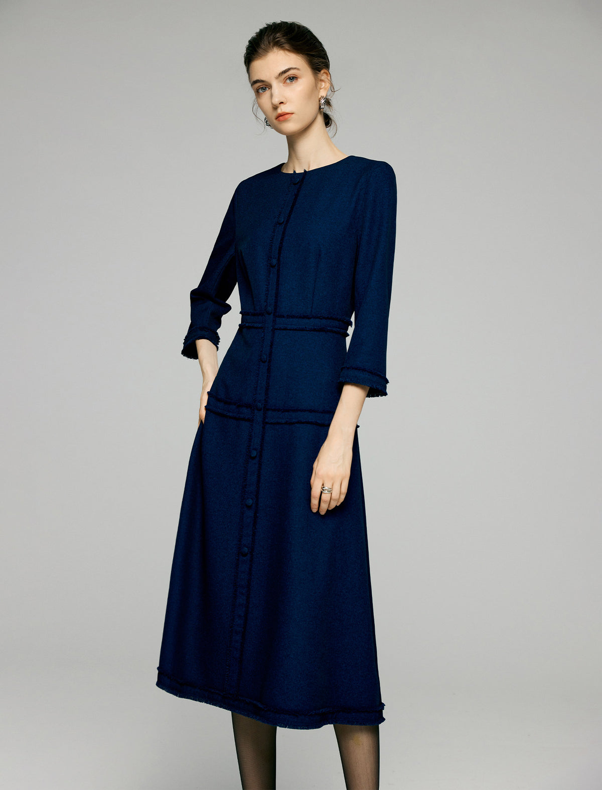 Sculpted Navy Texture Fringe Trim Midi Dress