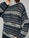 Wool Blend Shimmer Openwork Wave-Trim Crewneck Sweater