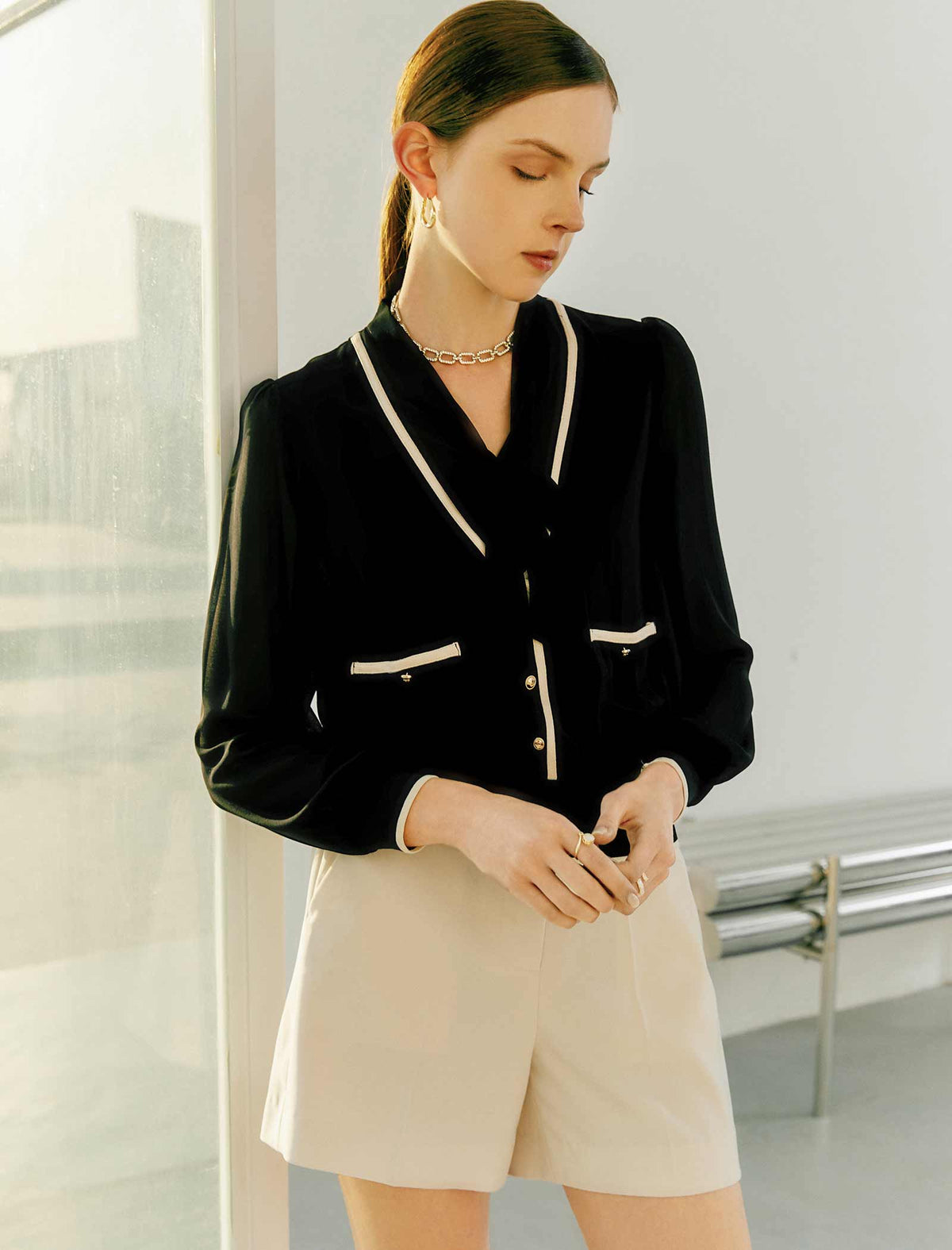 V-Neck Layered Tie-Front Long Sleeve Shirt