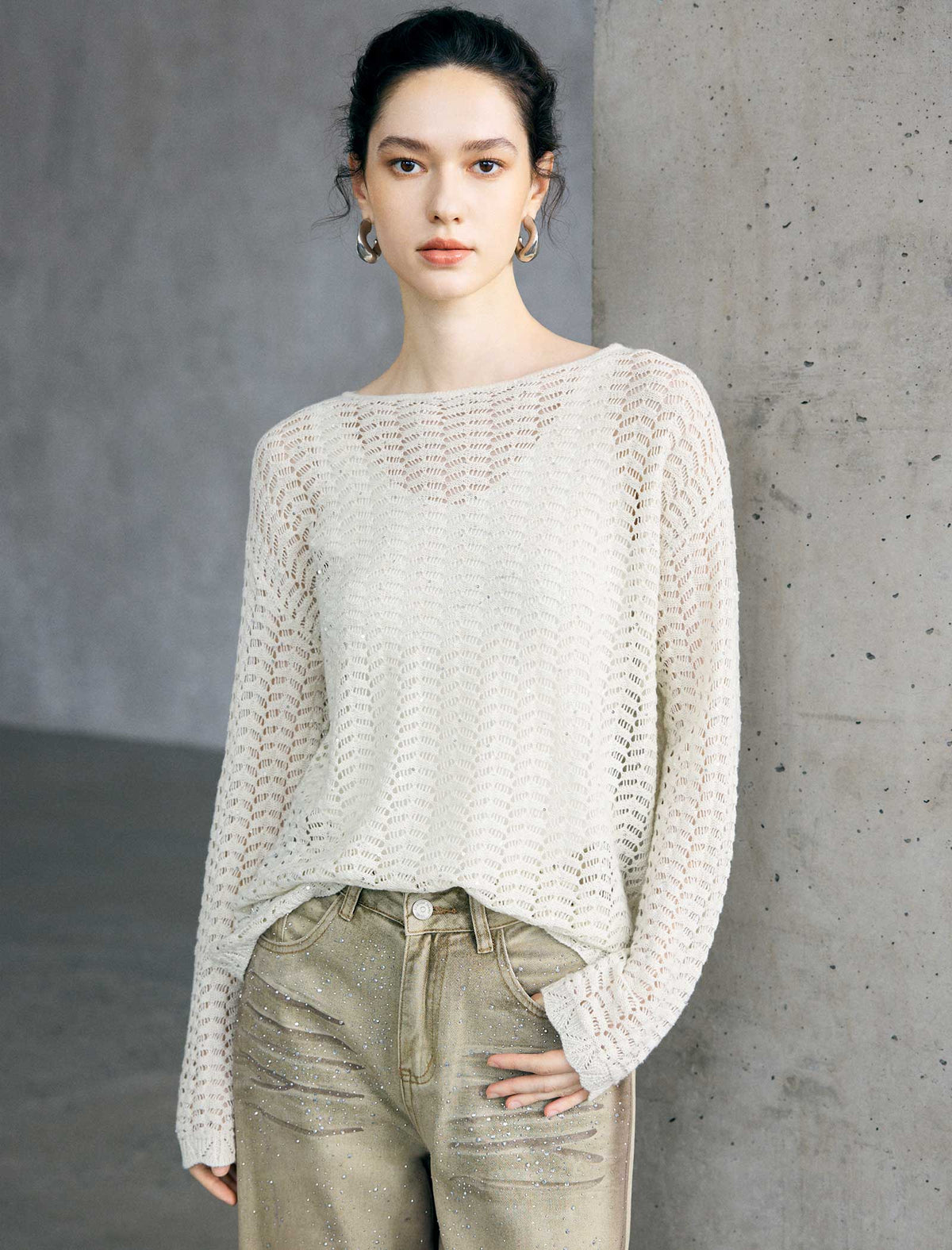 Thin Mesh Sparkly Long Sleeve Pullover