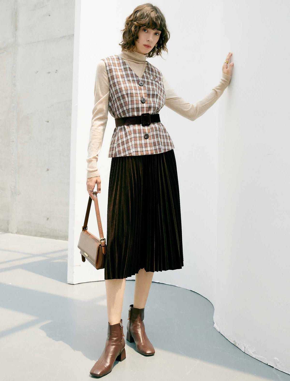 Solid Vintage Pleated A-Line Skirt
