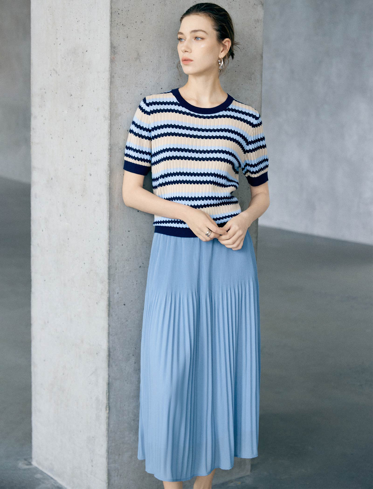 Pleated High-Waist Midi Skirt