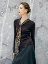 Wool Blend Ribbed V-Neck Top with Detachable Leopard Scarf
