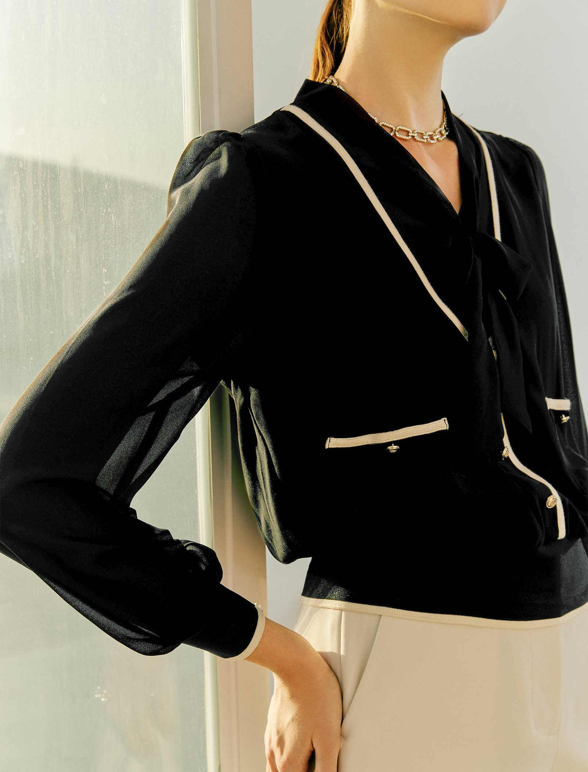 V-Neck Layered Tie-Front Long Sleeve Shirt