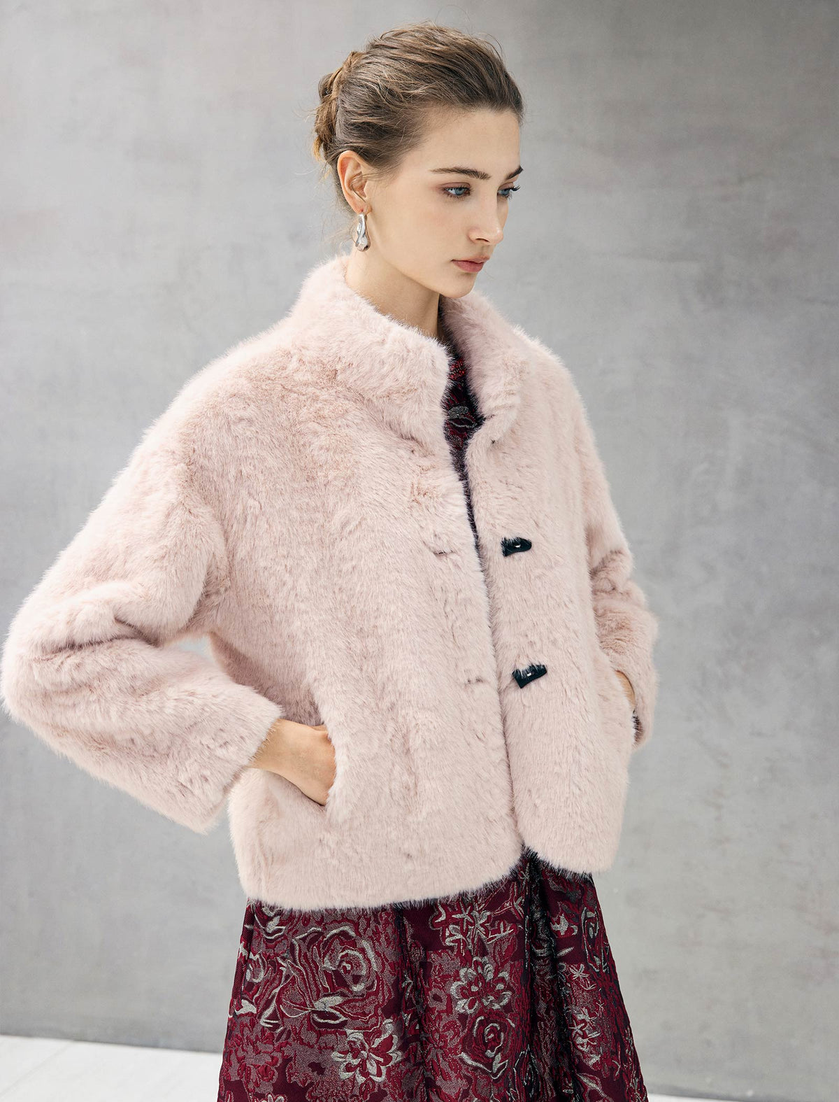Embossed Stand-Collar Toggle Cropped Jacket