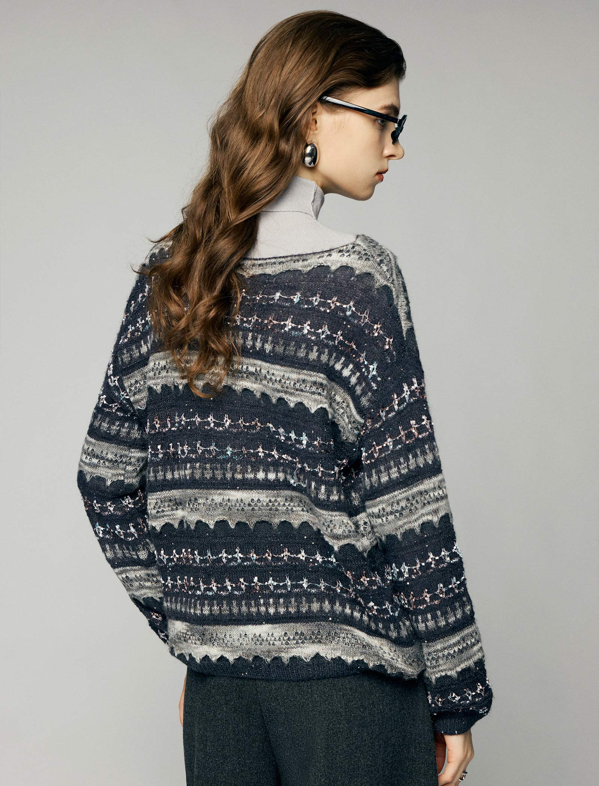 Wool Blend Shimmer Openwork Wave-Trim Crewneck Sweater