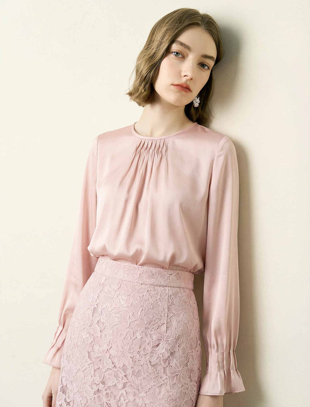 Round‑Neck Pleated Satin‑Finish Blouse