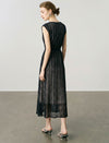 Wave Lace Boat Neck Belted Pleated Midi Dress