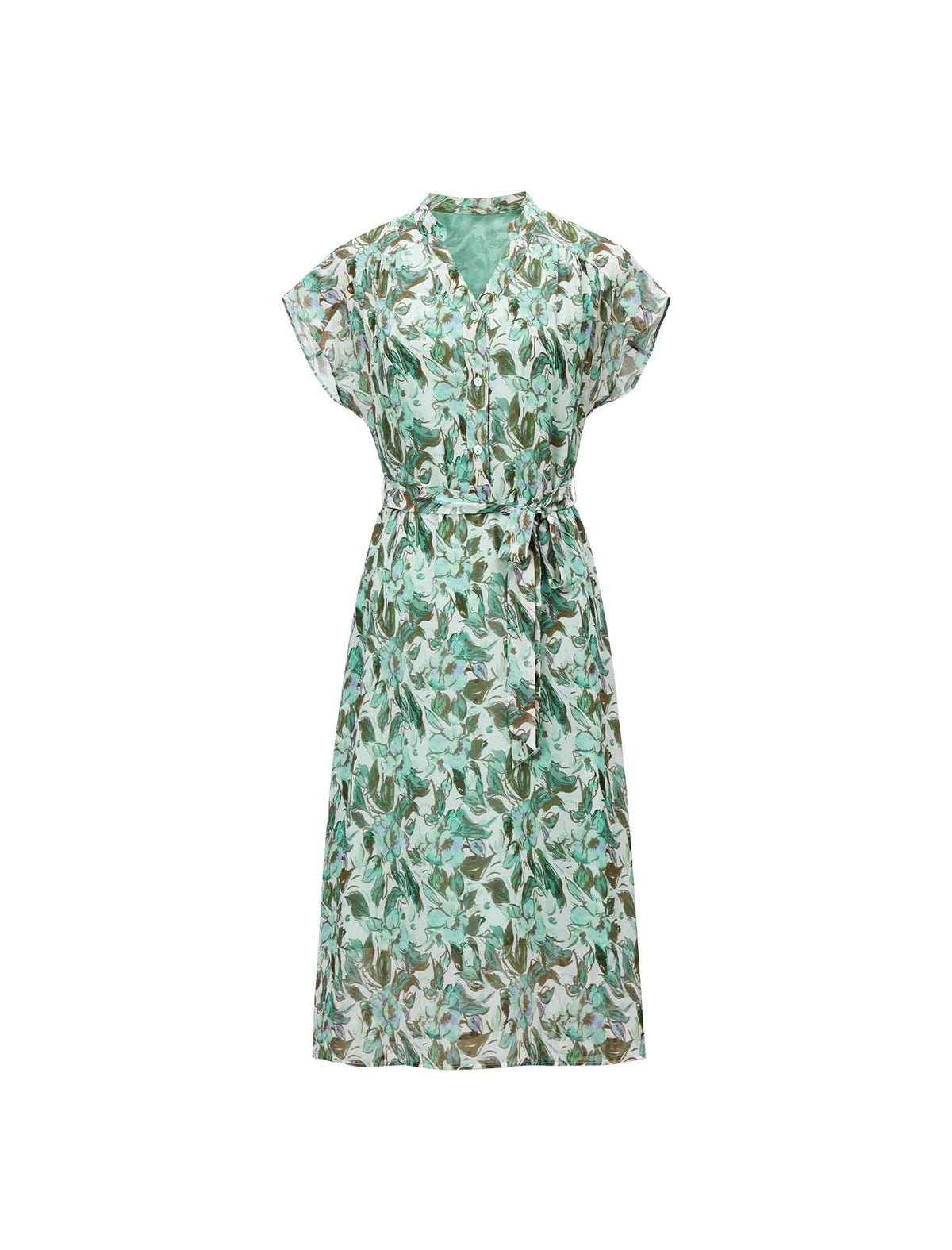 Green Floral V-Neck Tie Waist Midi Chiffon Dress