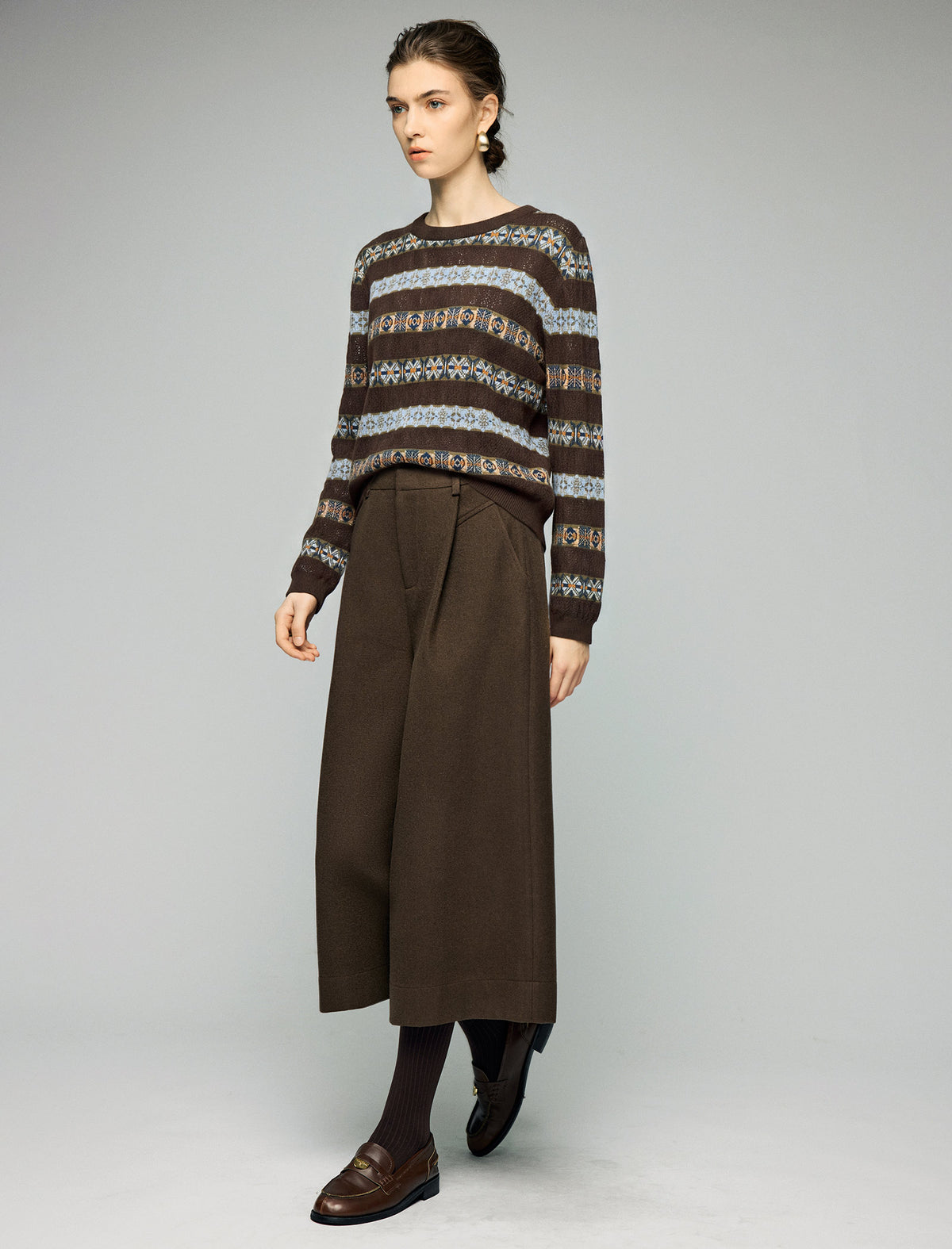 Wool Blend Geometric Stripe Crewneck Sweater