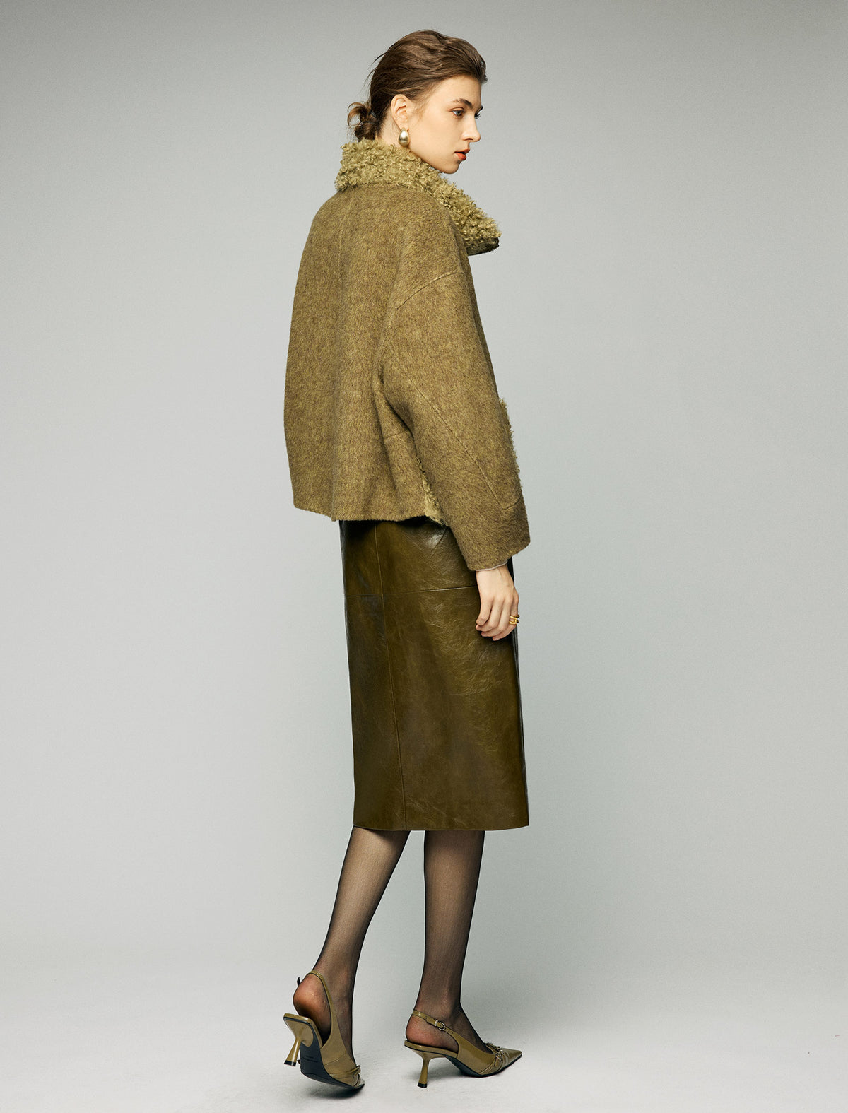 Wool Blend Contrast-Panel Stand-Collar Zip-Front Cropped Jacket
