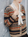 Wool Blend Fair Isle Patterned V Neck Knit Cardigan