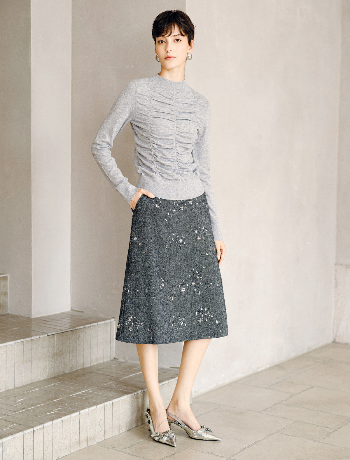 Wool Blend Ruched Front Mock Neck Long Sleeve Knit Top