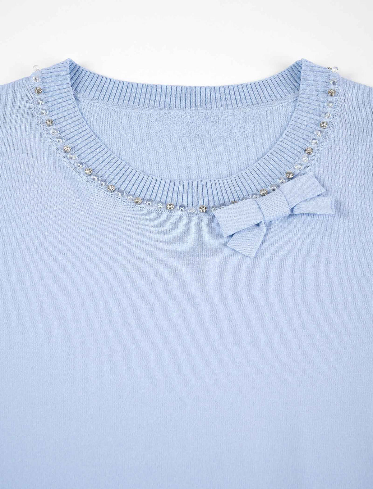 Bow Detail Embellished Neckline Knit Top