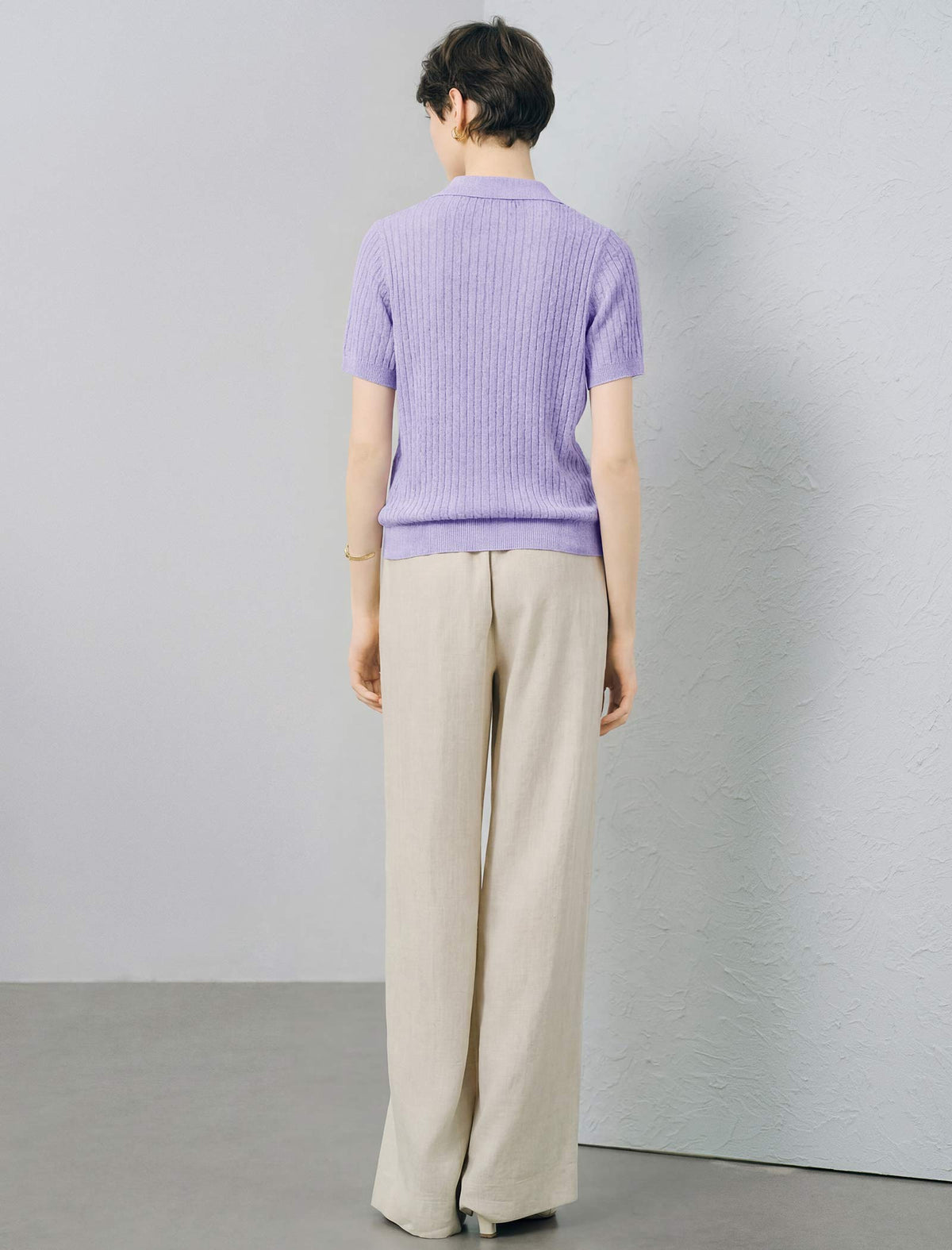 Polo Collar Textured Knit Short‑Sleeve Top