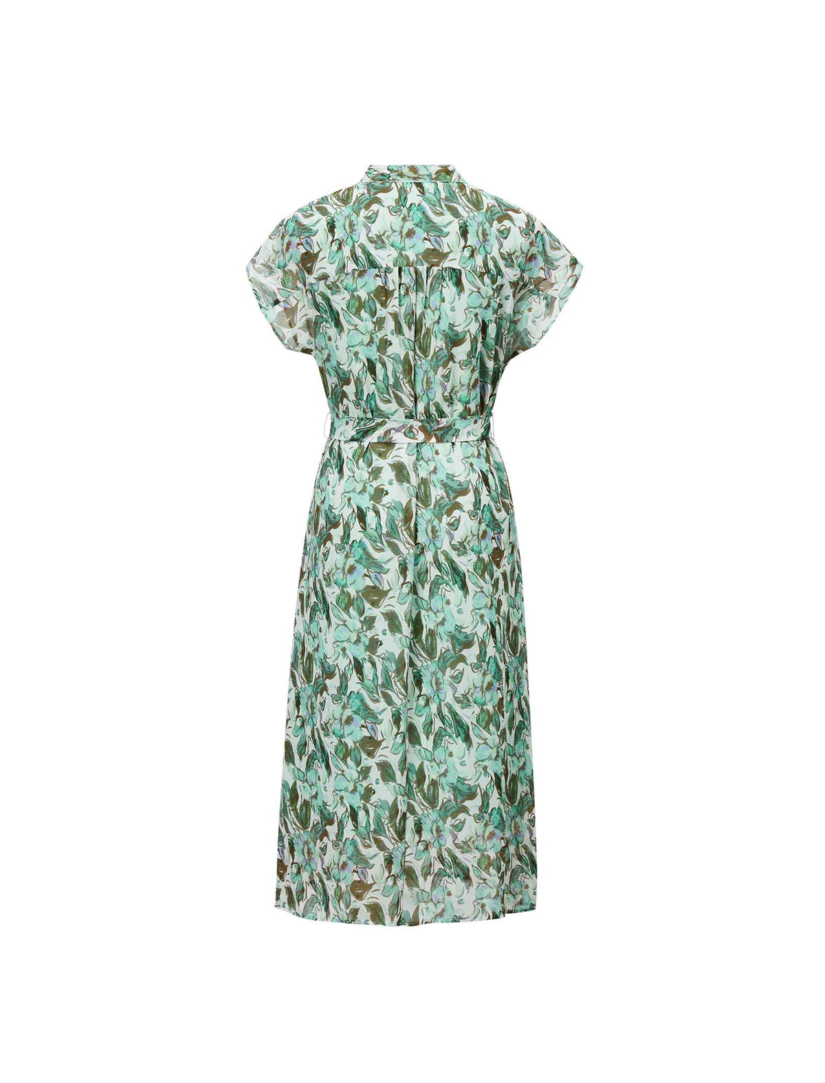 Green Floral V-Neck Tie Waist Midi Chiffon Dress