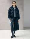 Wave-Quilted Stand-Collar Balloon-Sleeve Cropped Puffer Jacket