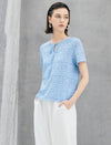 Geometric Lace Knit Tie-Neck Short Sleeve Top