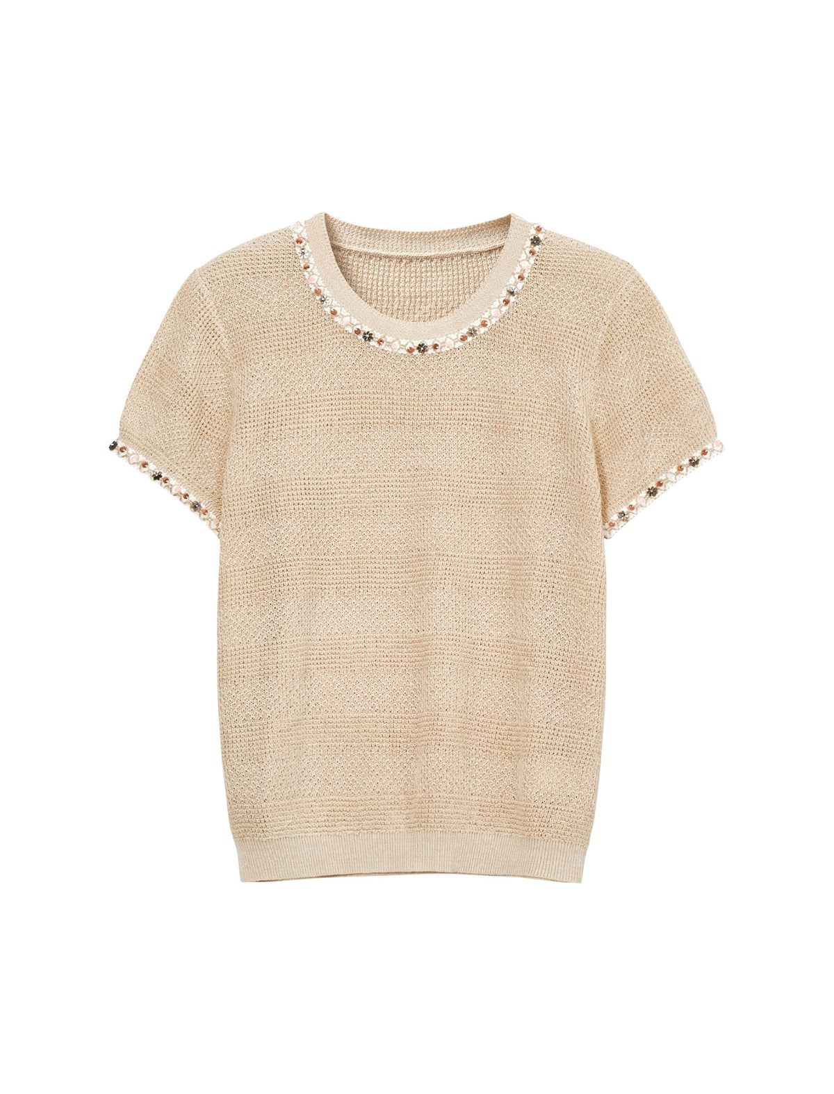 Beaded Open-Knit Short Sleeve Knit Top